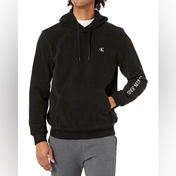 Calvin Klein Jeans Men's Fleece Hoodie Logo Embroidered Sweatshirt Black Large - Picture 1 of 3